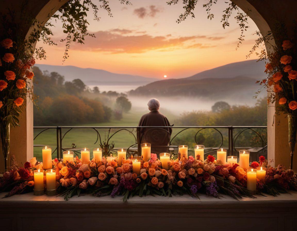 A serene landscape featuring a gentle transition from twilight to dawn, symbolizing the journey of mourning and celebration. In the foreground, a family gathers around a beautifully decorated memorial table adorned with flowers and candles, signifying remembrance and hope. Ethereal light illuminates the scene, capturing the blend of emotions associated with end-of-life planning. Elegant typography displays the title in an inviting manner. soft focus. warm colors. painting.