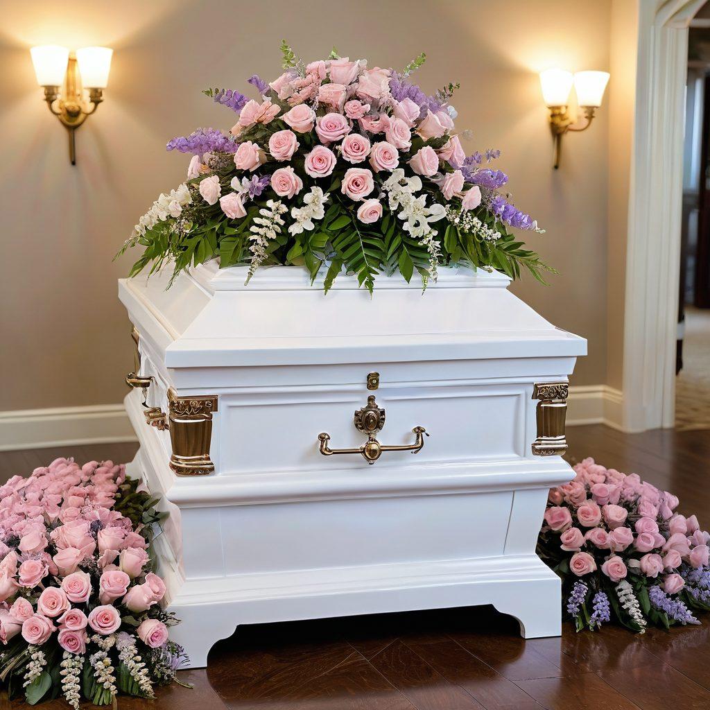 A serene and emotional scene depicting a beautifully personalized farewell setting, featuring a combination of a stylish casket and a delicate urn surrounded by vibrant flowers and heartfelt keepsakes. Soft lighting enhances the warmth of the moment, while family members share loving memories in the background. The atmosphere captures the essence of love and remembrance. super-realistic. warm colors. peaceful setting.